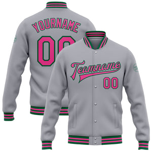 Custom Gray Pink-Kelly Green Bomber Full-Snap Varsity Letterman Jacket