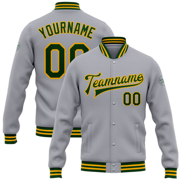 Custom Gray Green-Gold Bomber Full-Snap Varsity Letterman Jacket