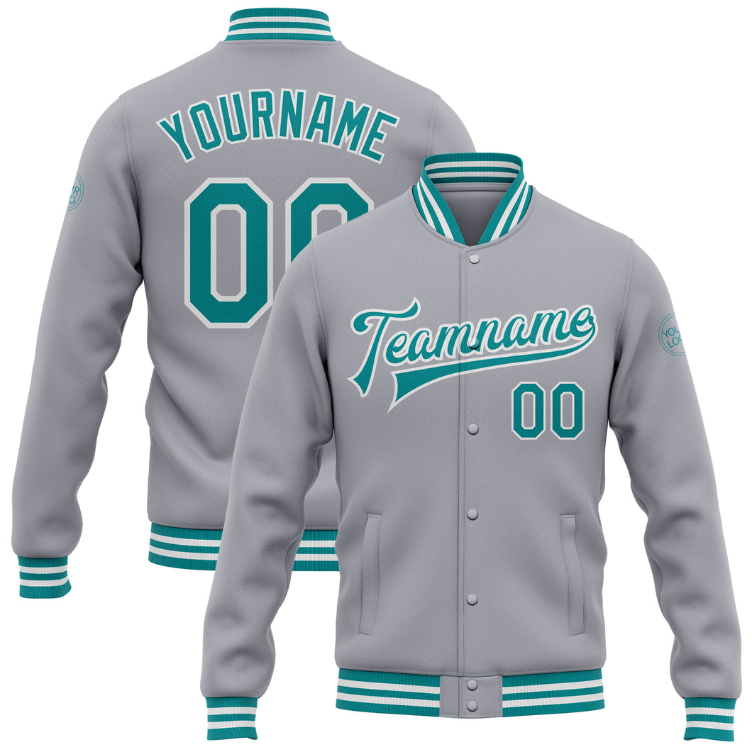 Custom Gray Teal-White Bomber Full-Snap Varsity Letterman Jacket