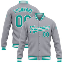 Charger l&#39;image dans la galerie, Custom Gray Aqua-White Bomber Full-Snap Varsity Letterman Jacket
