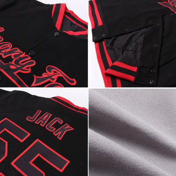 Custom Gray Black Crimson-City Cream Bomber Full-Snap Varsity Letterman Jacket