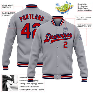 Custom Gray Red-Navy Bomber Full-Snap Varsity Letterman Jacket