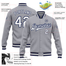 Charger l&#39;image dans la galerie, Custom Gray White-Navy Bomber Full-Snap Varsity Letterman Jacket
