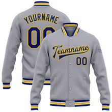 Charger l&#39;image dans la galerie, Custom Gray Royal-Yellow Bomber Full-Snap Varsity Letterman Jacket
