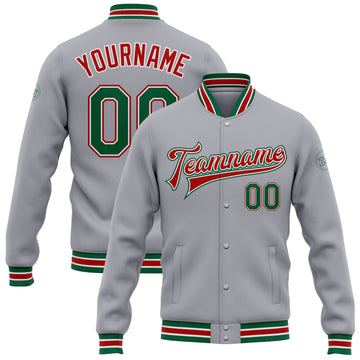 Custom Gray Kelly Green-Red Bomber Full-Snap Varsity Letterman Jacket