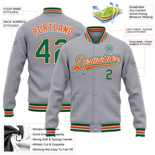 Charger l&#39;image dans la galerie, Custom Gray Kelly Green-Orange Bomber Full-Snap Varsity Letterman Jacket
