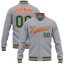 Charger l&#39;image dans la galerie, Custom Gray Kelly Green-Orange Bomber Full-Snap Varsity Letterman Jacket
