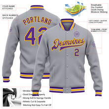 Load image into Gallery viewer, Custom Gray Purple-Gold Bomber Full-Snap Varsity Letterman Jacket
