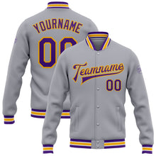 Load image into Gallery viewer, Custom Gray Purple-Gold Bomber Full-Snap Varsity Letterman Jacket
