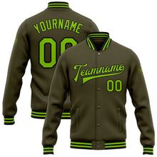 Charger l&#39;image dans la galerie, Custom Olive Neon Green-Black Bomber Full-Snap Varsity Letterman Salute To Service Jacket
