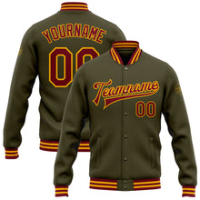 Загрузить изображение в средство просмотра галереи, Custom Olive Crimson-Gold Bomber Full-Snap Varsity Letterman Salute To Service Jacket
