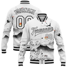 Загрузить изображение в средство просмотра галереи, Custom White Black Heron And Flower 3D Pattern Design Bomber Full-Snap Varsity Letterman Jacket
