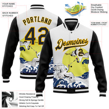 Загрузить изображение в средство просмотра галереи, Custom White Black-Gold Heron And Wave 3D Pattern Design Bomber Full-Snap Varsity Letterman Jacket
