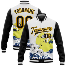 Загрузить изображение в средство просмотра галереи, Custom White Black-Gold Heron And Wave 3D Pattern Design Bomber Full-Snap Varsity Letterman Jacket
