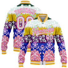 Load image into Gallery viewer, Custom White Pink-Gold Heron 3D Pattern Design Bomber Full-Snap Varsity Letterman Jacket
