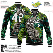 Laden Sie das Bild in den Galerie-Viewer, Custom Black White Leopard And Tropical Palm Plants 3D Bomber Full-Snap Varsity Letterman Jacket
