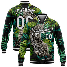 Laden Sie das Bild in den Galerie-Viewer, Custom Black White Leopard And Tropical Palm Plants 3D Bomber Full-Snap Varsity Letterman Jacket
