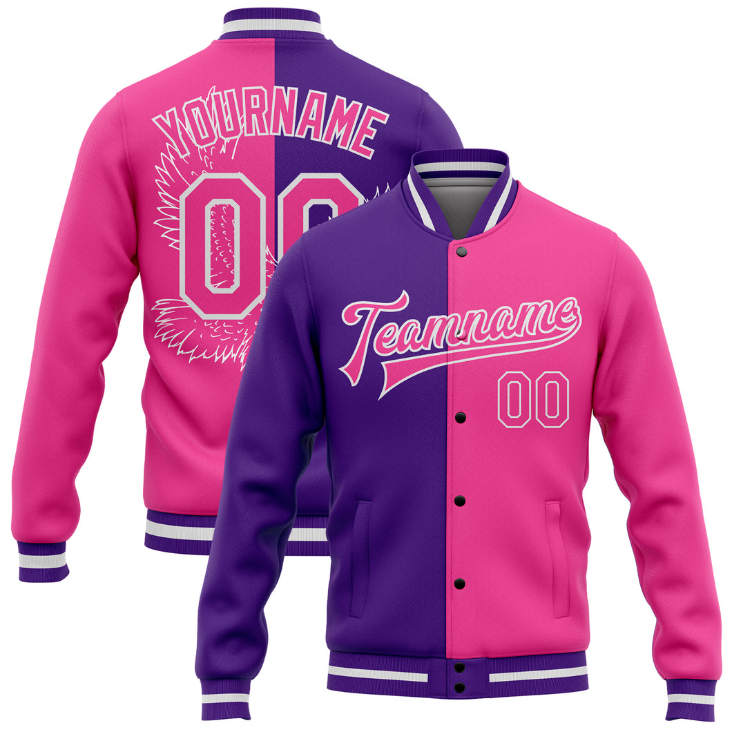 Cheap Custom Purple Pink-White Bomber Full-Snap Varsity Letterman