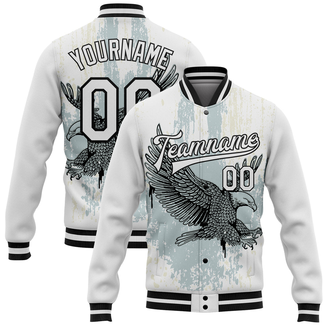 Custom White Black Eagle 3D Pattern Design Bomber Full-Snap Varsity Letterman Jacket