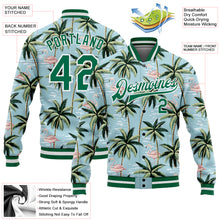 Charger l&#39;image dans la galerie, Custom Lakes Blue Kelly Green-White Flamingo And Tropical Hawaii Palm Tree 3D Bomber Full-Snap Varsity Letterman Jacket
