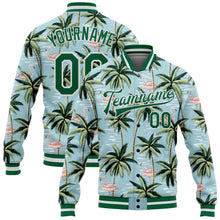 Charger l&#39;image dans la galerie, Custom Lakes Blue Kelly Green-White Flamingo And Tropical Hawaii Palm Tree 3D Bomber Full-Snap Varsity Letterman Jacket
