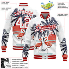 Charger l&#39;image dans la galerie, Custom White Red Flamingo And Tropical Hawaii Palm Tree 3D Bomber Full-Snap Varsity Letterman Jacket
