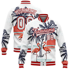 Charger l&#39;image dans la galerie, Custom White Red Flamingo And Tropical Hawaii Palm Tree 3D Bomber Full-Snap Varsity Letterman Jacket
