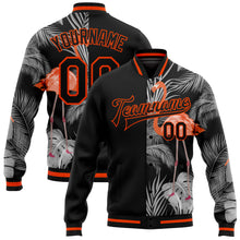 Charger l&#39;image dans la galerie, Custom Black Orange-Gray Flamingo And Tropical Hawaii Palm Plants 3D Bomber Full-Snap Varsity Letterman Jacket
