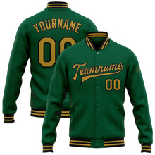 Load image into Gallery viewer, Custom Kelly Green Old Gold-Black Bomber Full-Snap Varsity Letterman Jacket
