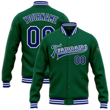 Загрузить изображение в средство просмотра галереи, Custom Kelly Green Royal-White Bomber Full-Snap Varsity Letterman Jacket
