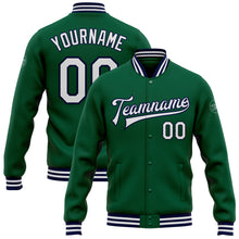 Load image into Gallery viewer, Custom Kelly Green White-Navy Bomber Full-Snap Varsity Letterman Jacket
