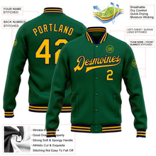 Load image into Gallery viewer, Custom Kelly Green Gold-Navy Bomber Full-Snap Varsity Letterman Jacket
