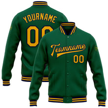 Load image into Gallery viewer, Custom Kelly Green Gold-Navy Bomber Full-Snap Varsity Letterman Jacket
