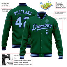 Load image into Gallery viewer, Custom Kelly Green Light Blue-Navy Bomber Full-Snap Varsity Letterman Jacket
