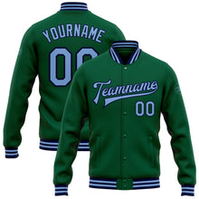 Load image into Gallery viewer, Custom Kelly Green Light Blue-Navy Bomber Full-Snap Varsity Letterman Jacket
