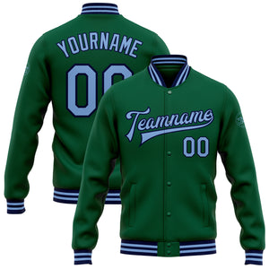 Custom Kelly Green Light Blue-Navy Bomber Full-Snap Varsity Letterman Jacket