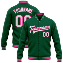 Load image into Gallery viewer, Custom Kelly Green White-Pink Bomber Full-Snap Varsity Letterman Jacket
