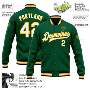 Custom Kelly Green White-Gold Bomber Full-Snap Varsity Letterman Jacket