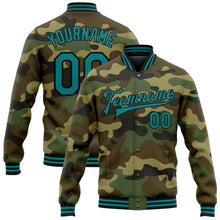 Load image into Gallery viewer, Custom Camo Teal-Black Bomber Full-Snap Varsity Letterman Salute To Service Jacket
