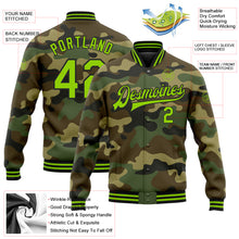 Load image into Gallery viewer, Custom Camo Neon Green-Black Bomber Full-Snap Varsity Letterman Salute To Service Jacket
