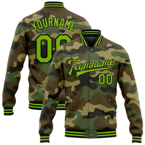 Custom Camo Neon Green-Black Bomber Full-Snap Varsity Letterman Salute To Service Jacket