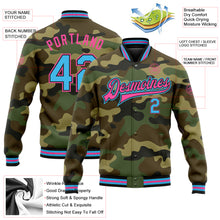 Charger l&#39;image dans la galerie, Custom Camo Sky Blue Black-Pink Bomber Full-Snap Varsity Letterman Salute To Service Jacket
