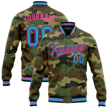 Charger l&#39;image dans la galerie, Custom Camo Sky Blue Black-Pink Bomber Full-Snap Varsity Letterman Salute To Service Jacket
