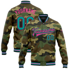 Загрузить изображение в средство просмотра галереи, Custom Camo Aqua Black-Pink Bomber Full-Snap Varsity Letterman Salute To Service Jacket
