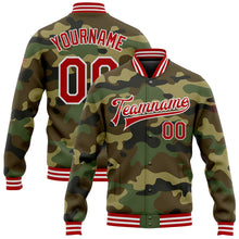 Laden Sie das Bild in den Galerie-Viewer, Custom Camo Red-White Bomber Full-Snap Varsity Letterman Salute To Service Jacket
