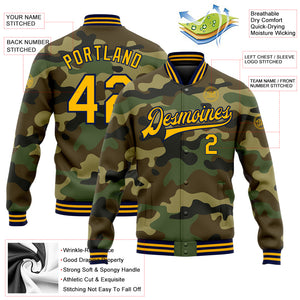 Custom Camo Gold-Navy Bomber Full-Snap Varsity Letterman Salute To Service Jacket