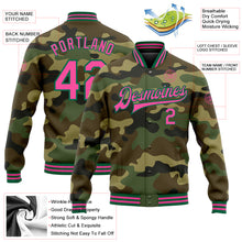 Laden Sie das Bild in den Galerie-Viewer, Custom Camo Pink-Kelly Green Bomber Full-Snap Varsity Letterman Salute To Service Jacket
