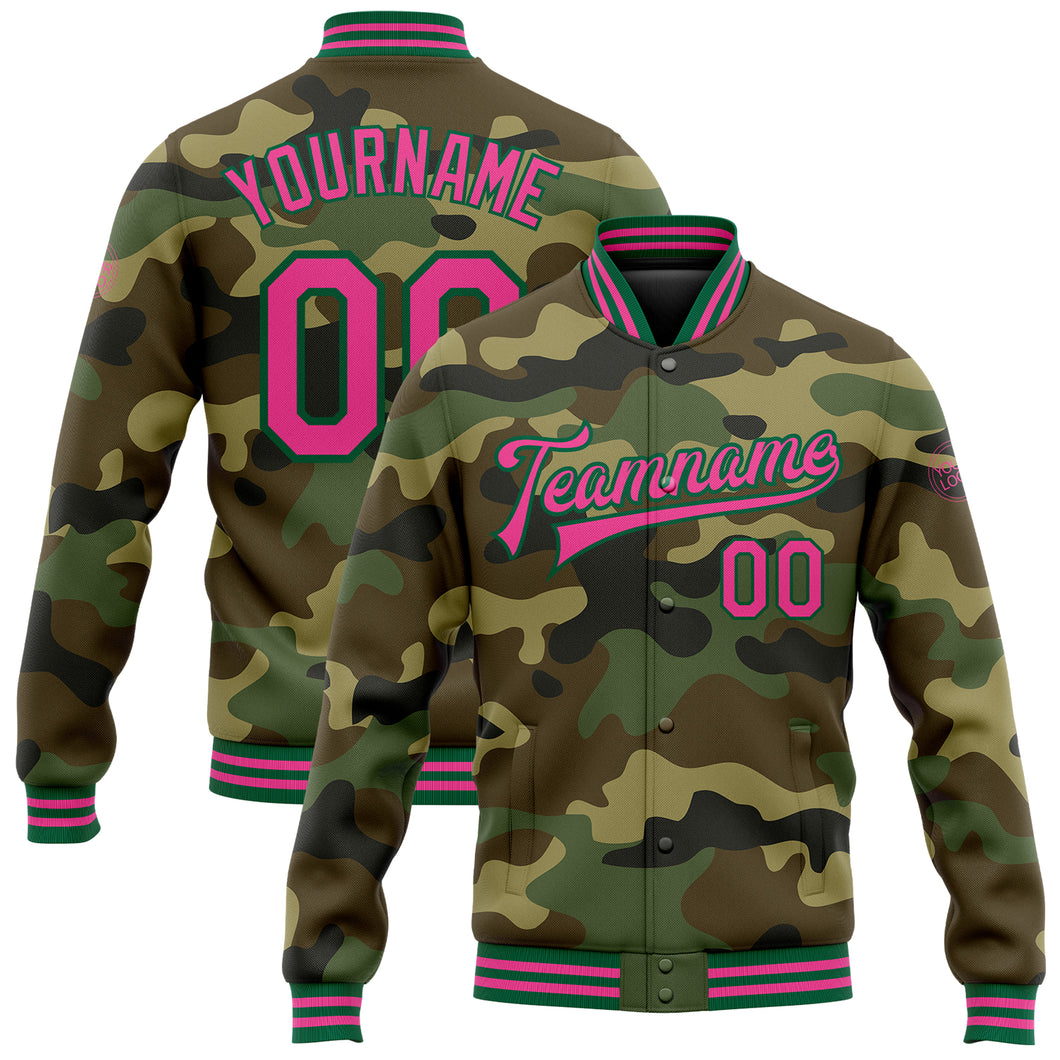 Custom Camo Pink-Kelly Green Bomber Full-Snap Varsity Letterman Salute To Service Jacket