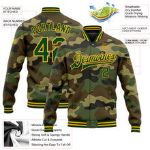 Laden Sie das Bild in den Galerie-Viewer, Custom Camo Green-Gold Bomber Full-Snap Varsity Letterman Salute To Service Jacket
