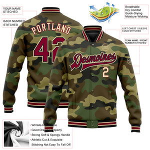 Custom Camo Crimson Black-City Cream Bomber Full-Snap Varsity Letterman Salute To Service Jacket